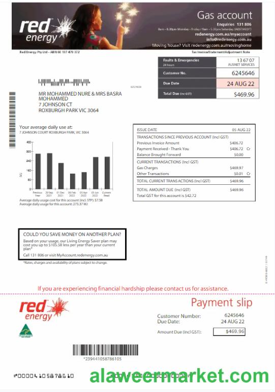 AUSTRALIA RED ENERGY utility bill Word and PDF template